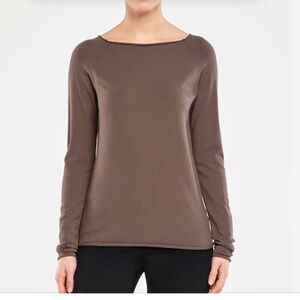 Sarah Pacini Long Sleeve top Semi-Sheer Boat neckline Taupe brown Minimalist S